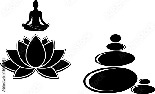 Yoga meditation lotus flower and zen stones icons vector
