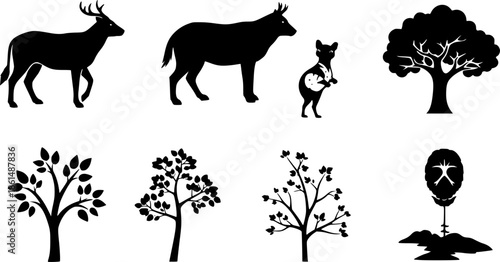 Black animal and nature icons on white
