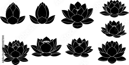 Black lotus flower icons on white background
