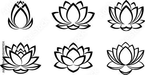 Black lotus flower icons on white background
