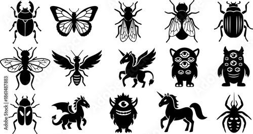 Black insect and creature icons on white
