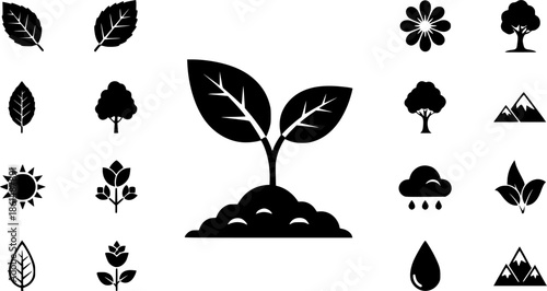 Black nature and plant icons sprout seedling