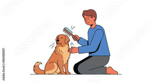 A person lovingly grooms their golden retriever, symbolizing dedicated pet care. This illustration highlights the strong bond, emphasizing animal