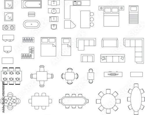 Top view of Furniture collection, seat plan, floor plan, interior design, living room, bedroom, kitchen, washroom, architectural element, blueprint, customizable stroke, vector, illustration