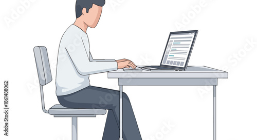 A person efficiently working on a laptop at a desk, showcasing concentrated effort and digital engagement in a professional or academic environment.