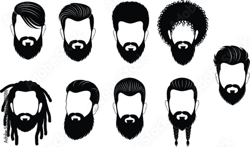 Black and white of men with various hairstyles and beards facial hair