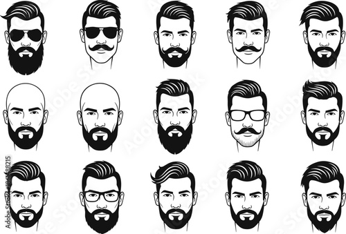Black and white of men's faces with various hairstyles and facial hair beards mustaches