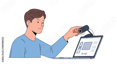 An individual connecting an external webcam to a laptop for a virtual meeting, signifying preparedness for modern online communication and remote