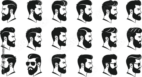 Black and white of men's hairstyles and beards side profiles facial hair