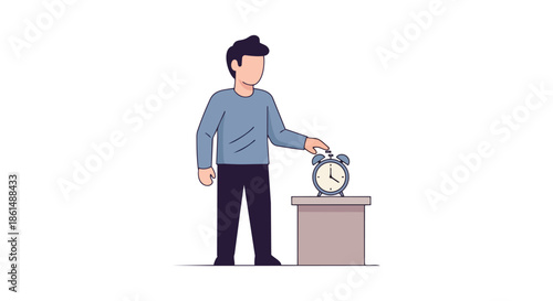 Young Person Setting or Silencing an Alarm Clock on a Nightstand Time Management Concept