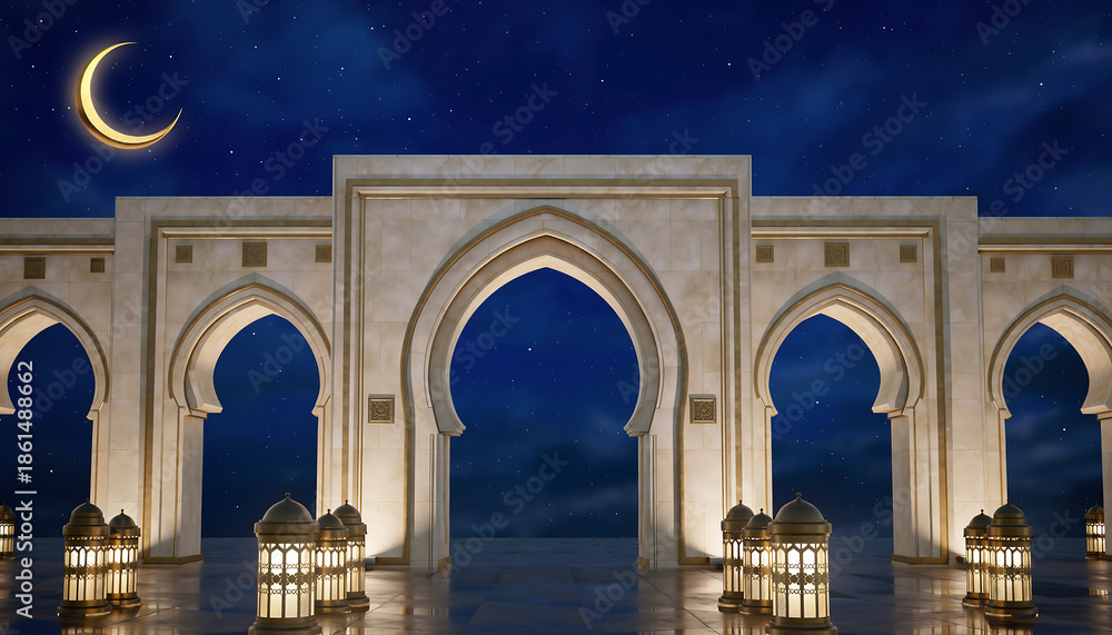 Obraz premium A luminous display of traditional arches and glowing lanterns under a crescent moon, evoking the peaceful beauty of a spiritual night celebration and cultural heritage