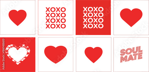 Collection of cute red heart symbols and love phrases.