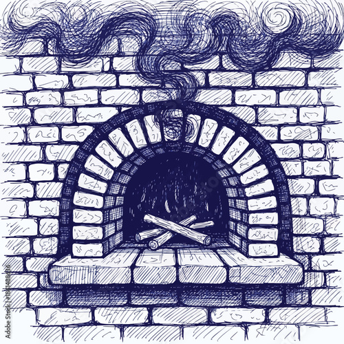 Brick Arch Fireplace with Burning Wooden Logs and Smoke.