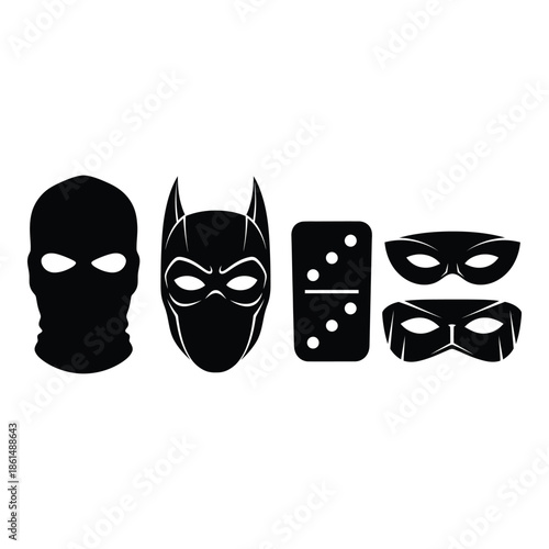 A collection of black silhouette masks and a domino tile