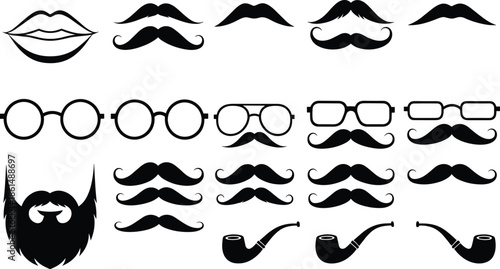 Black and white of various mustaches and facial accessories moustache beard glasses