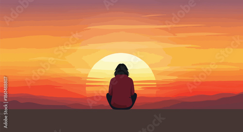 Solitary figure absorbed in the magnificent golden hour glow, embracing tranquility amidst a vibrant twilight landscape