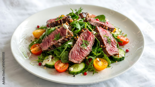 Gourmet grilled beef steak served on a white plate with fresh roasted vegetables and a healthy garden salad makes a delicious red meat dish for a restaurant dinner or lunch meal