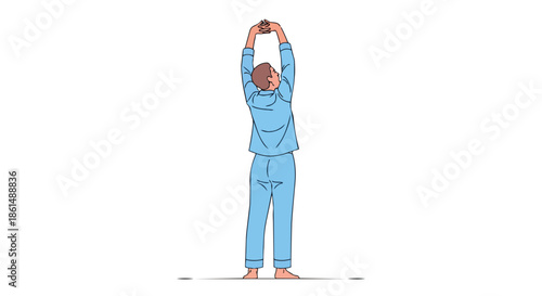 An expressive digital illustration capturing a lone individual in blue sleepwear performing an energizing full-body upward stretch with clasped