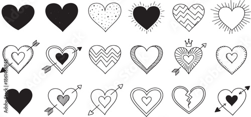 Collection of hand drawn heart shapes and symbols.