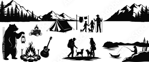 Black and white silhouette camping scene with people and animals mountains trees