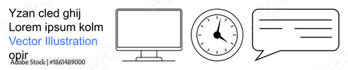 Time management, digital communication, workflow efficiency, punctuality, workspace design, productivity tools. Computer screen, clock and text bubble icons. Time management and digital