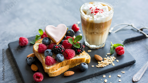 Delicious dessert of fresh cake and pastry topped with sweet cream and red berries served on a white plate for a gourmet breakfast meal with coffee