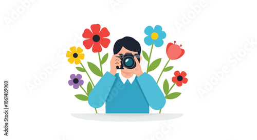 Illustrative depiction of a person enjoying nature photography amidst a vibrant floral setting