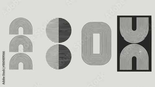Modern geometric shapes with striped patterns in black and white