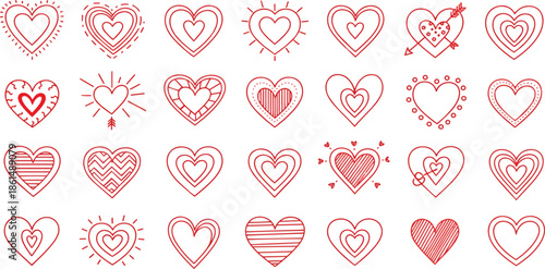 Collection of hand drawn hearts for love and Valentine's Day designs.