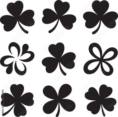 A collection of black clover and floral shapes arranged in a grid pattern