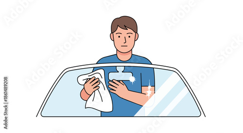 Person cleaning car windshield diligently with a soft cloth, ensuring a spotless, sparkling, and streak-free surface for optimal visibility and