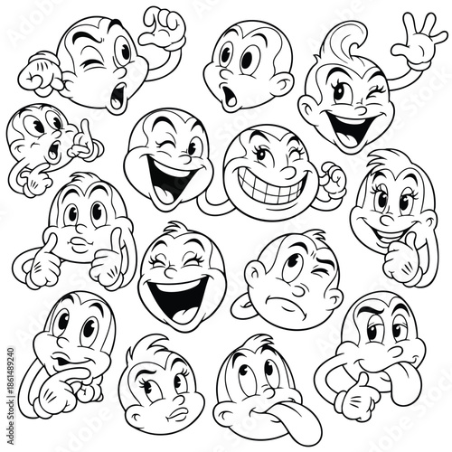 Collection of Expressive Cartoon Faces in Line Drawings.