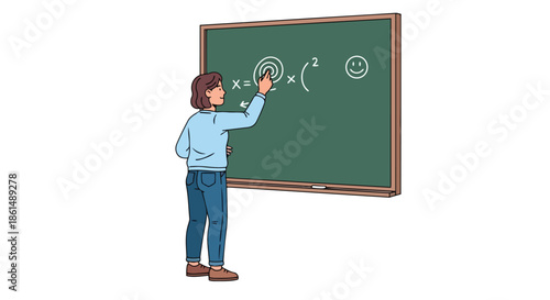 Engaged educator pointing at abstract mathematical concepts and symbols on a classic green chalkboard in a learning environment