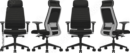 Black office chairs with wheels in different positions black chairs wheeled chairs
