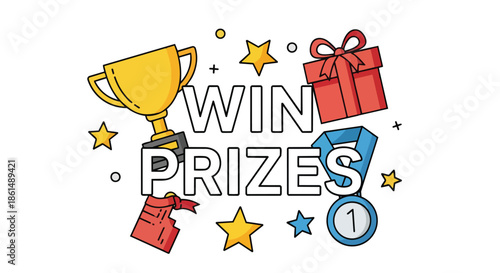 Dynamic illustration celebrating victories and awards with a trophy gift and medal theme