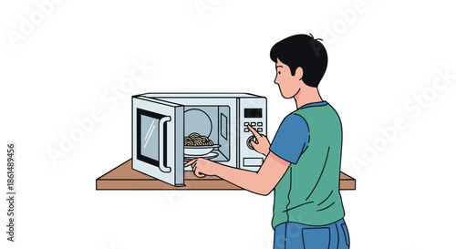 A person heating a delicious bowl of instant noodles in a modern microwave oven on a wooden countertop using simple controls for quick meal