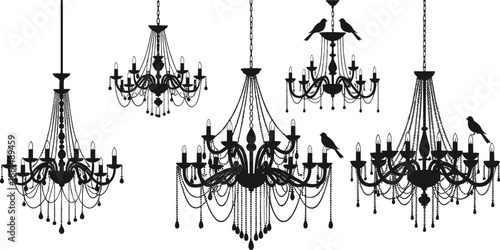 Black silhouettes of ornate chandeliers with crystals and birds beads