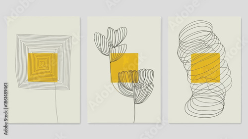 Modern art triptych with abstract floral designs and gold accents