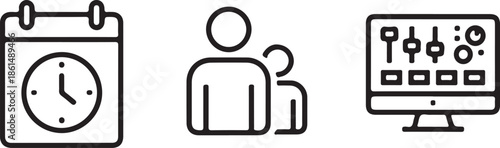 Bold line drawing business icons calendar clock people computer control panel on white background