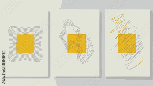 Modern art prints with yellow squares and abstract line designs