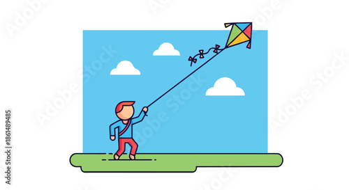 A cheerful illustration of an individual experiencing pure delight while skillfully flying a vibrant, multi-colored kite high above a serene green