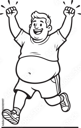 Bold line drawing happy oversize man running cheering body positivity concept on white background