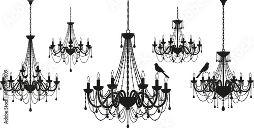 Black silhouettes of various chandeliers with crystals and birds