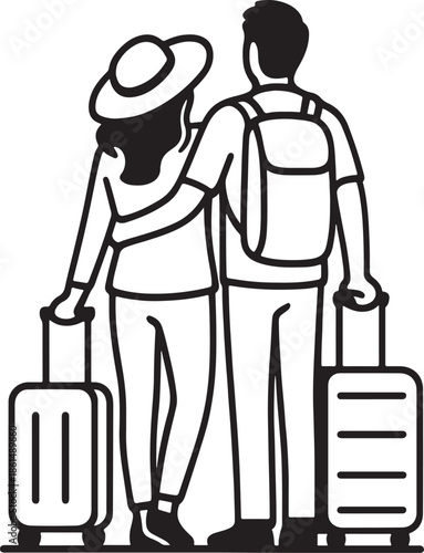 Bold line drawing traveling couple standing with baggage luggage tourism concept on white background
