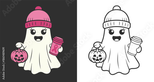 Cute ghost wearing pink hat and holding pumpkin bucket with coffee. Breast cancer awareness