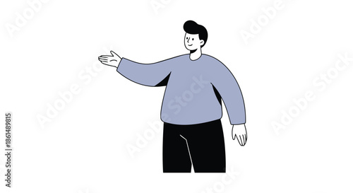 A contemporary flat design character portrait featuring a friendly man extending his arm in a clear welcoming gesture ideal for digital