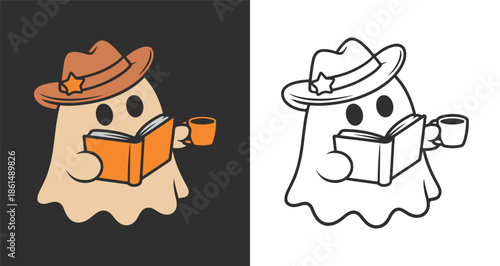 Smart ghost in a cowboy hat reading a book and drinking coffee. Halloween cozy autumn activity