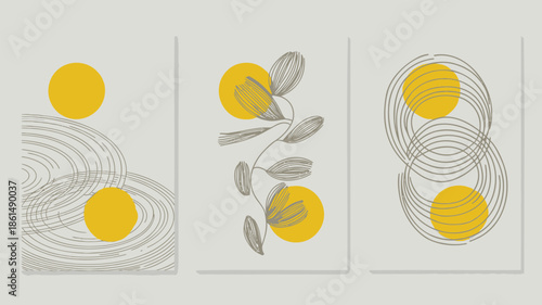 Modern minimalist art with yellow circles and leaves