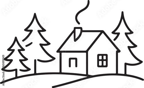 Christmas decoration winter country landscape with small house and spruce trees elegant illustration