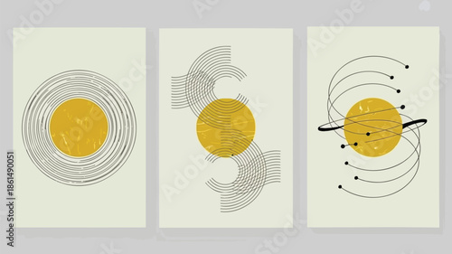 Modern abstract art with yellow circles and black lines on beige background